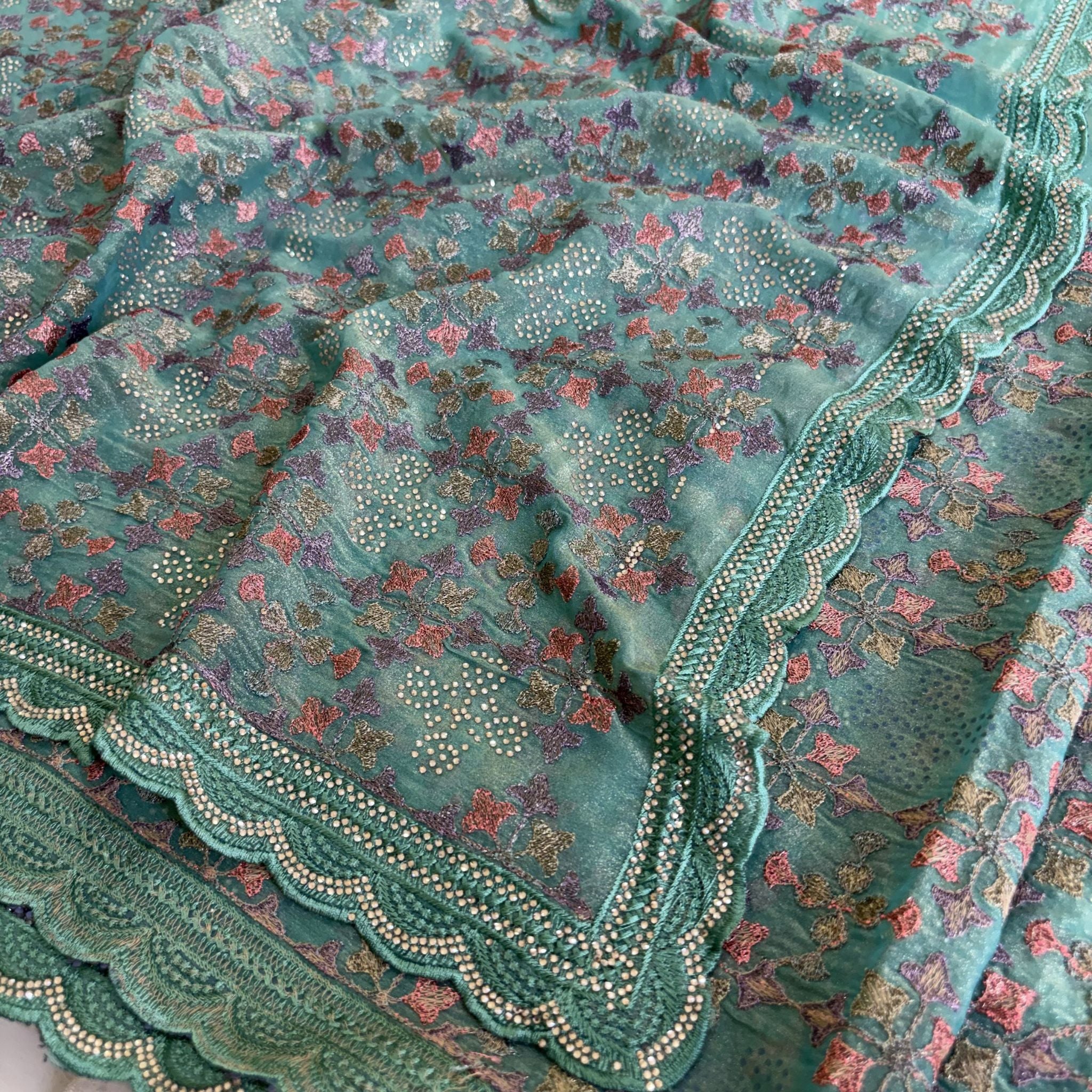 Sea Green Floral Zari Saree