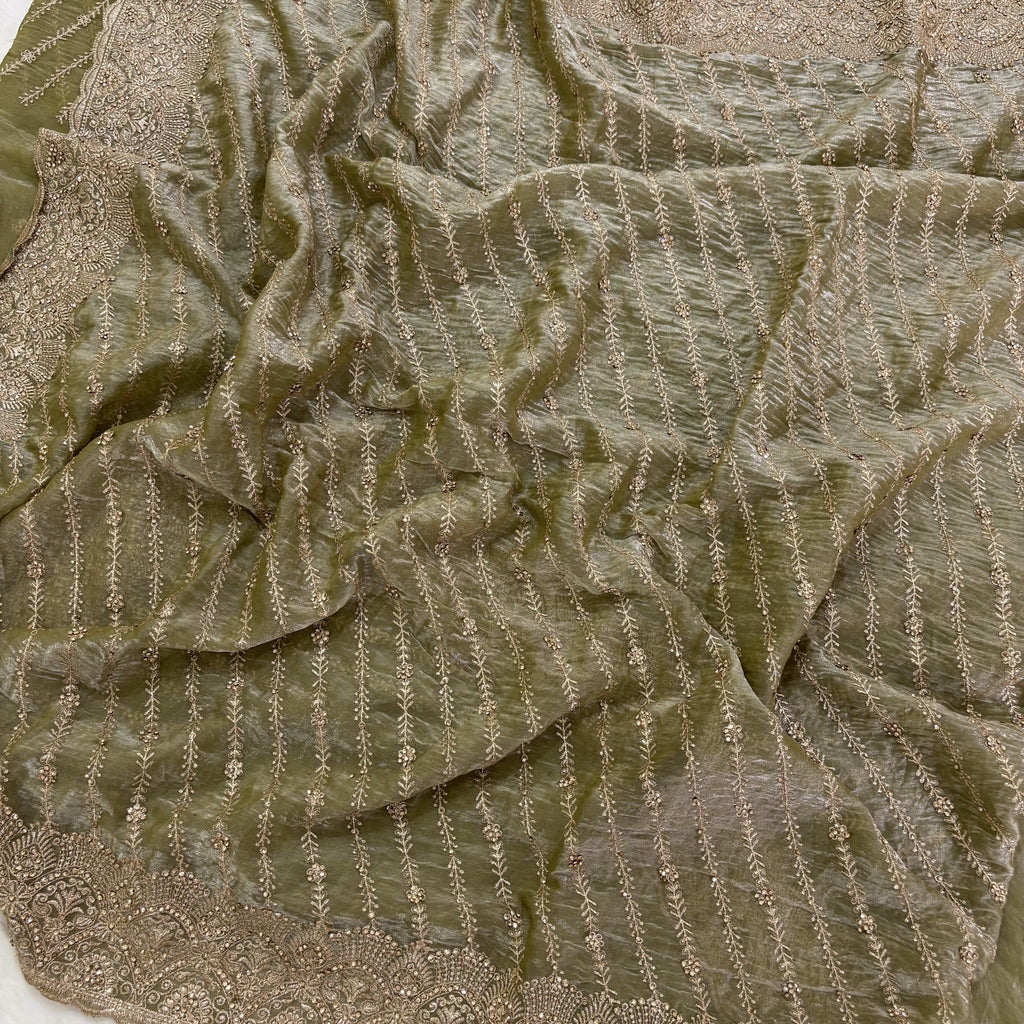 Olive Green Zari Stripe Saree