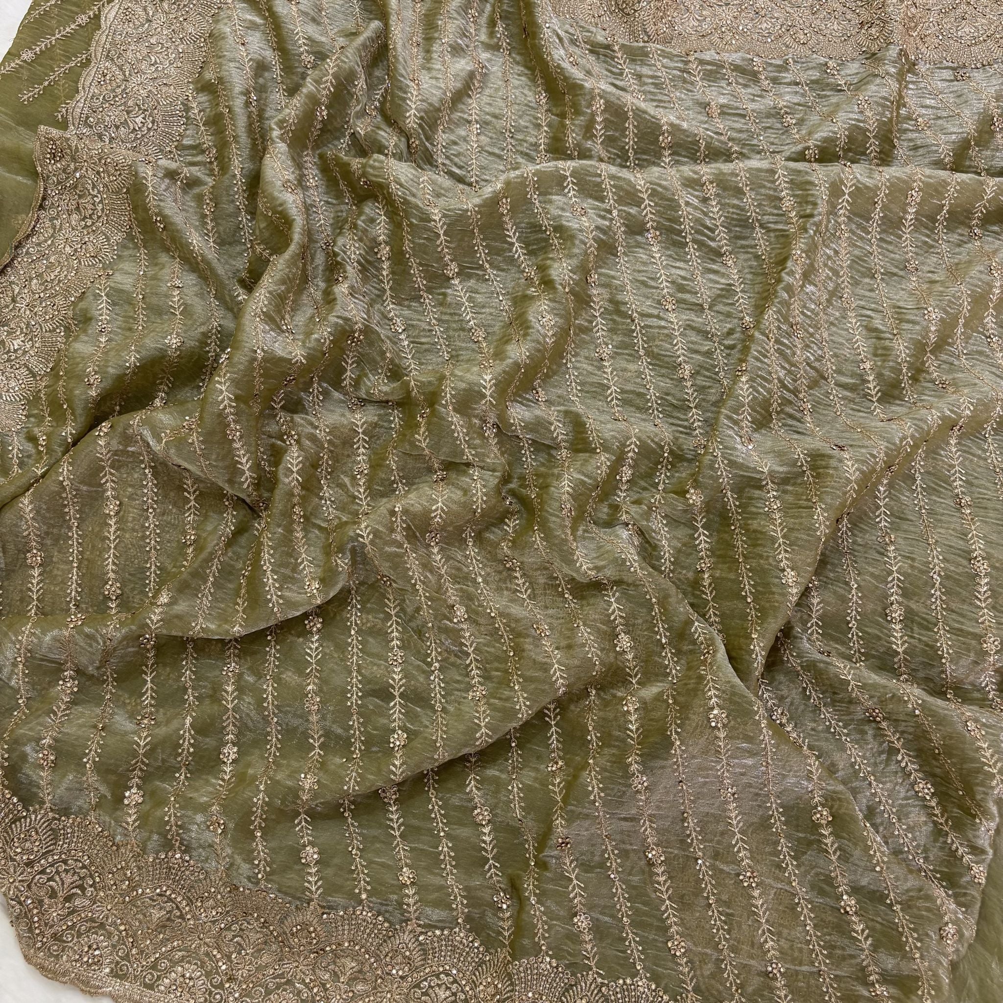 Olive Green Zari Stripe Saree