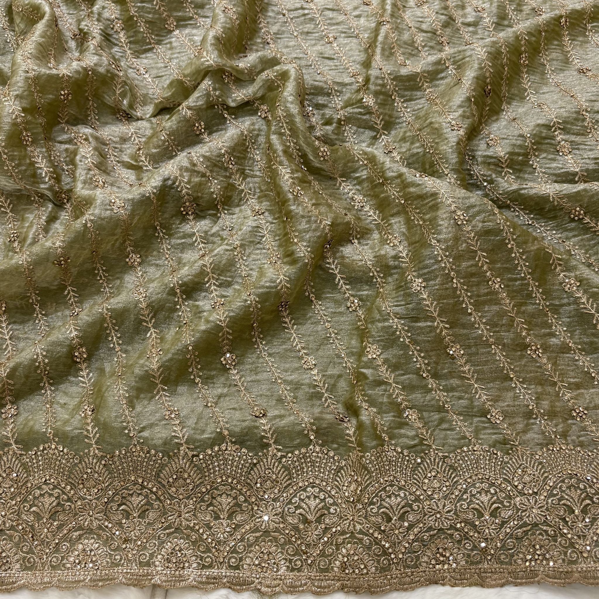 Olive Green Zari Stripe Saree