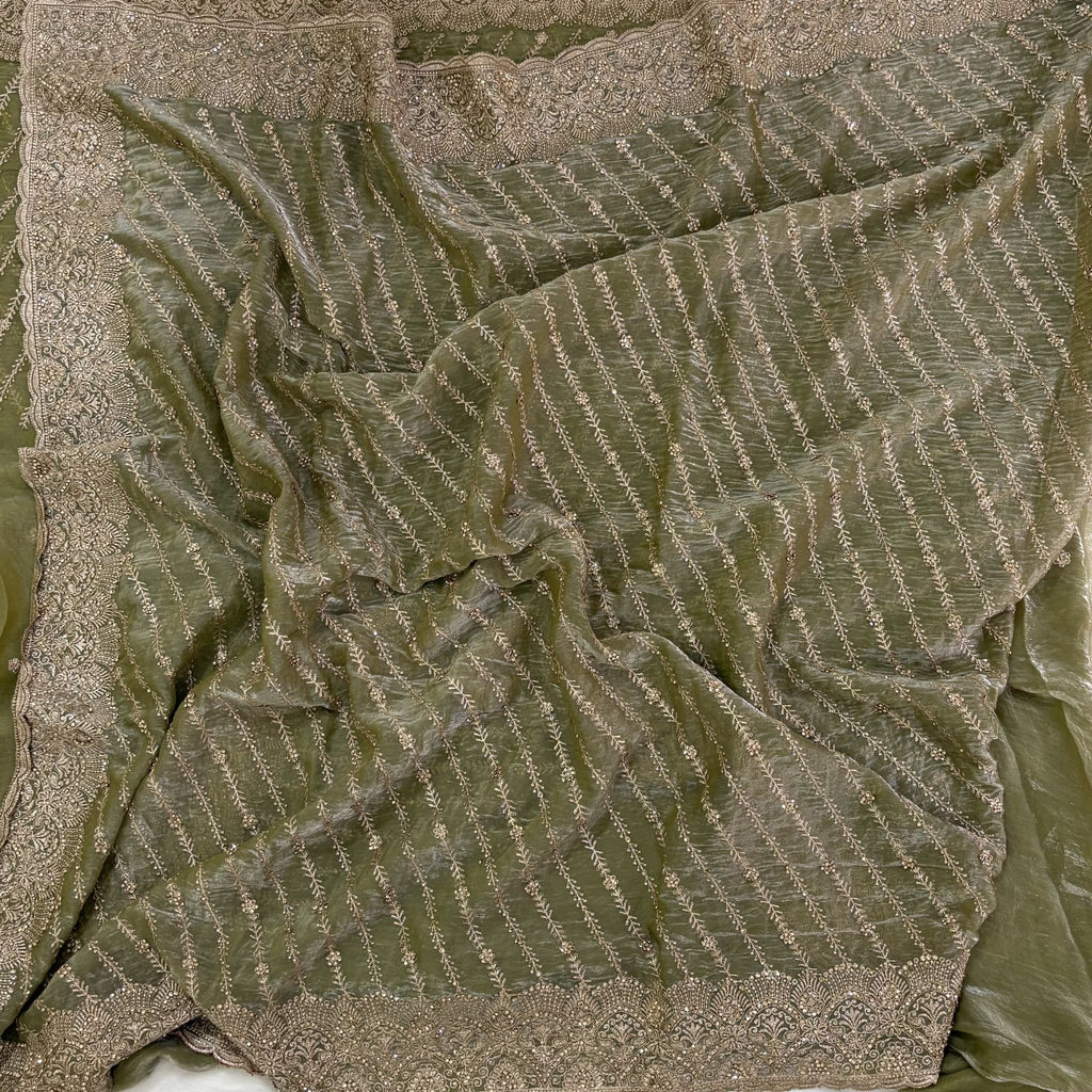 Olive Green Zari Stripe Saree