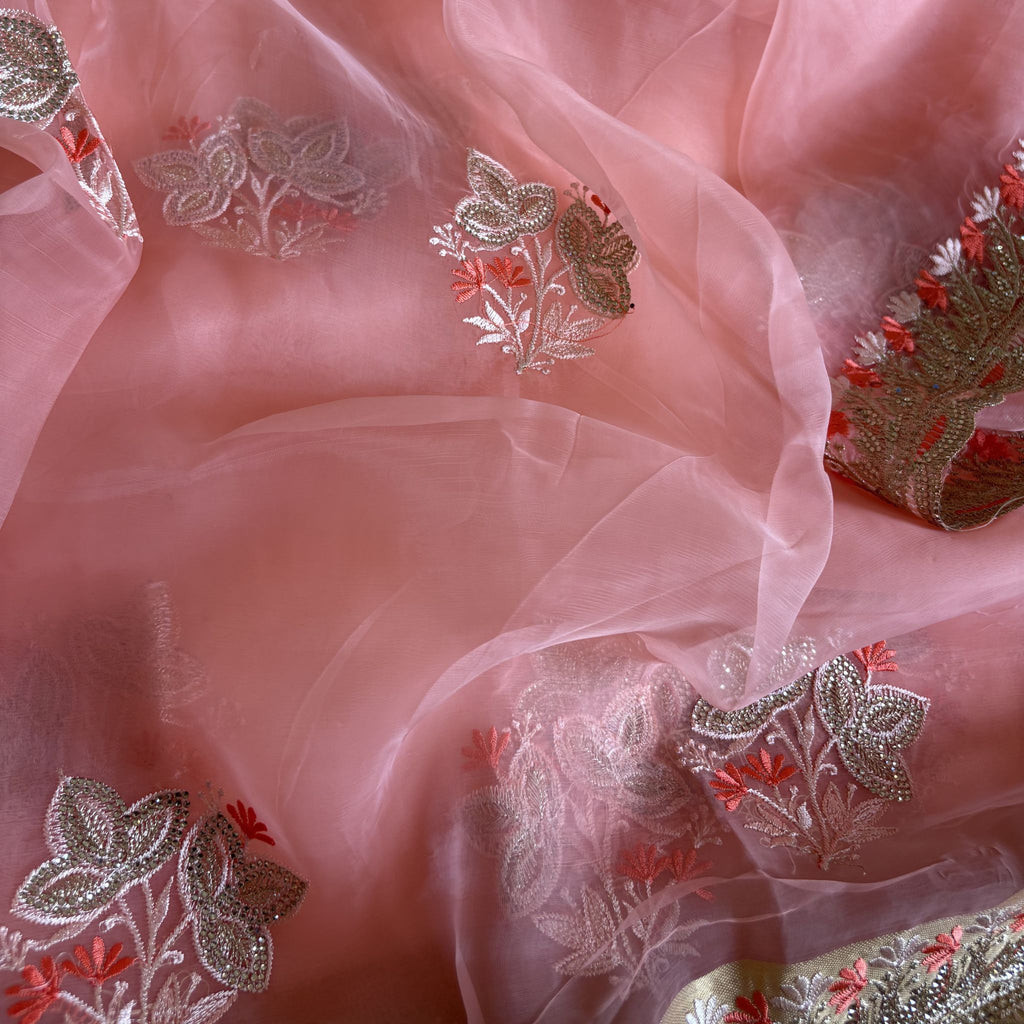 Peach Colour Floral Embroidered Organza