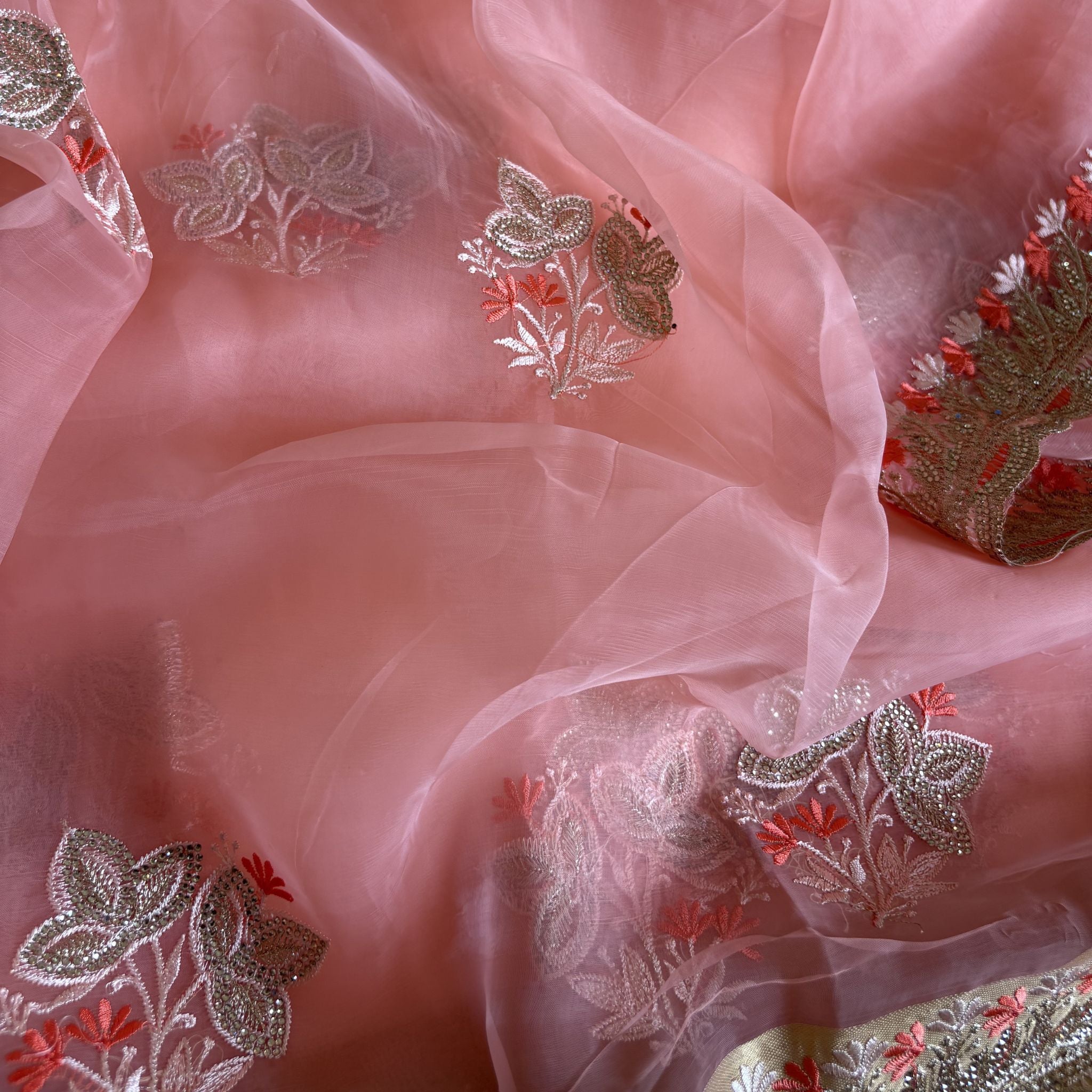 Peach Colour Floral Embroidered Organza