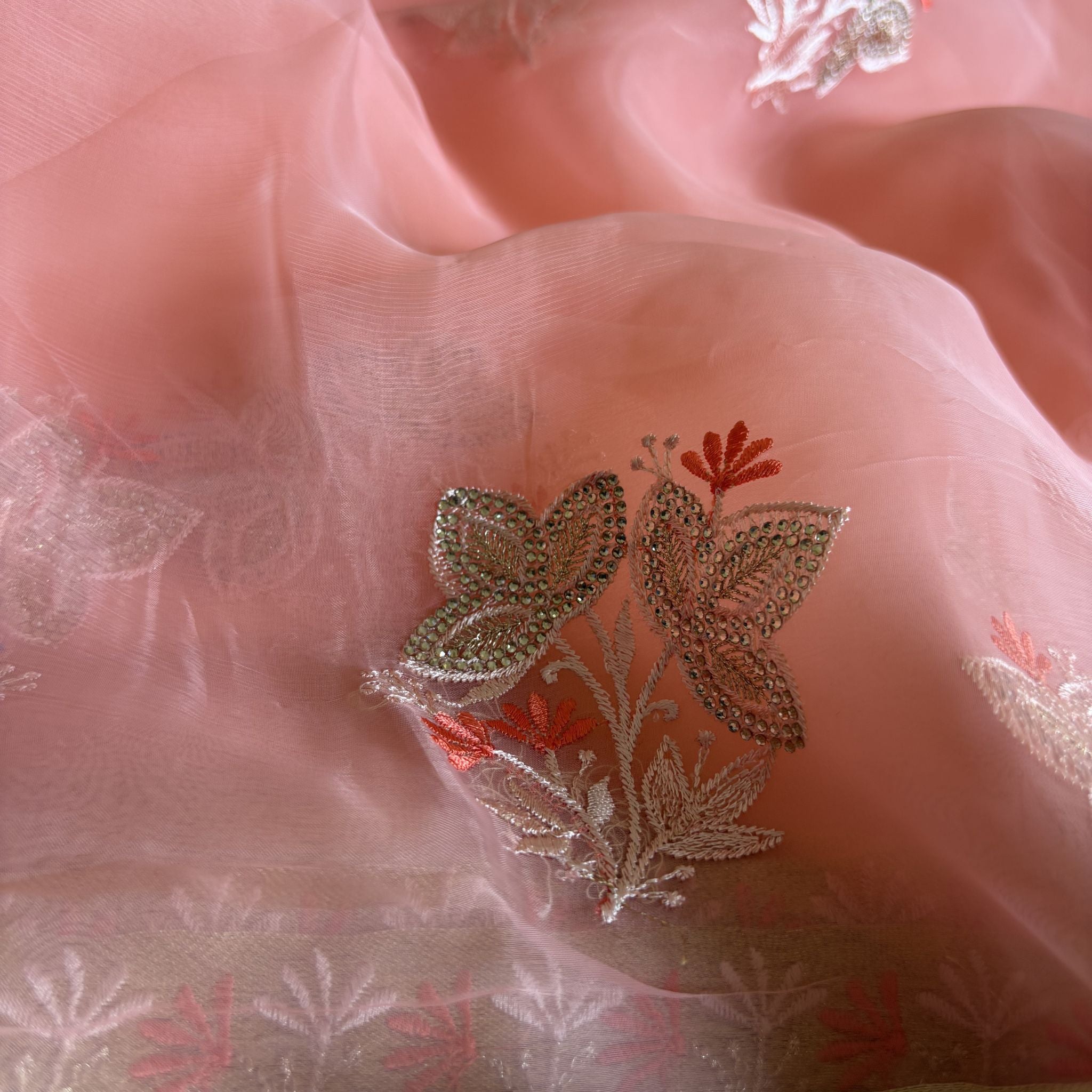 Peach Colour Floral Embroidered Organza